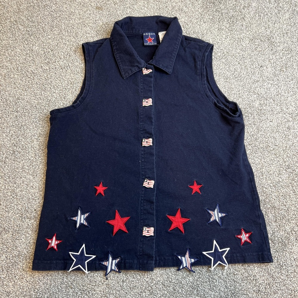 Onque Casuals Vest Womens Small Sleeveless‎ Patriotic Stars Flags Buttons USA